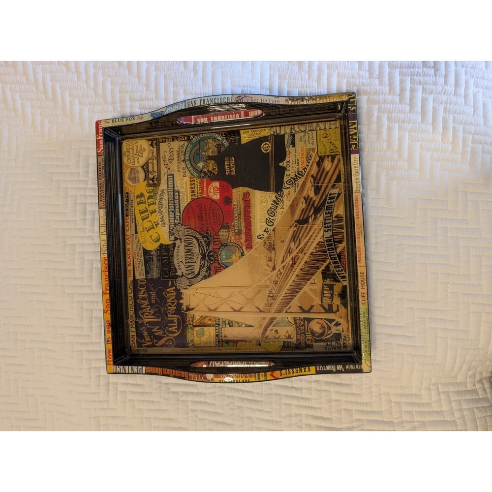 Exquisite Annie Modica San Francisco Decoupage Handpainted Wood Serving Tray